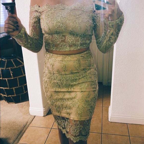 Gold Matching Two Piece Dress Party Outfit - Picture 1 of 3